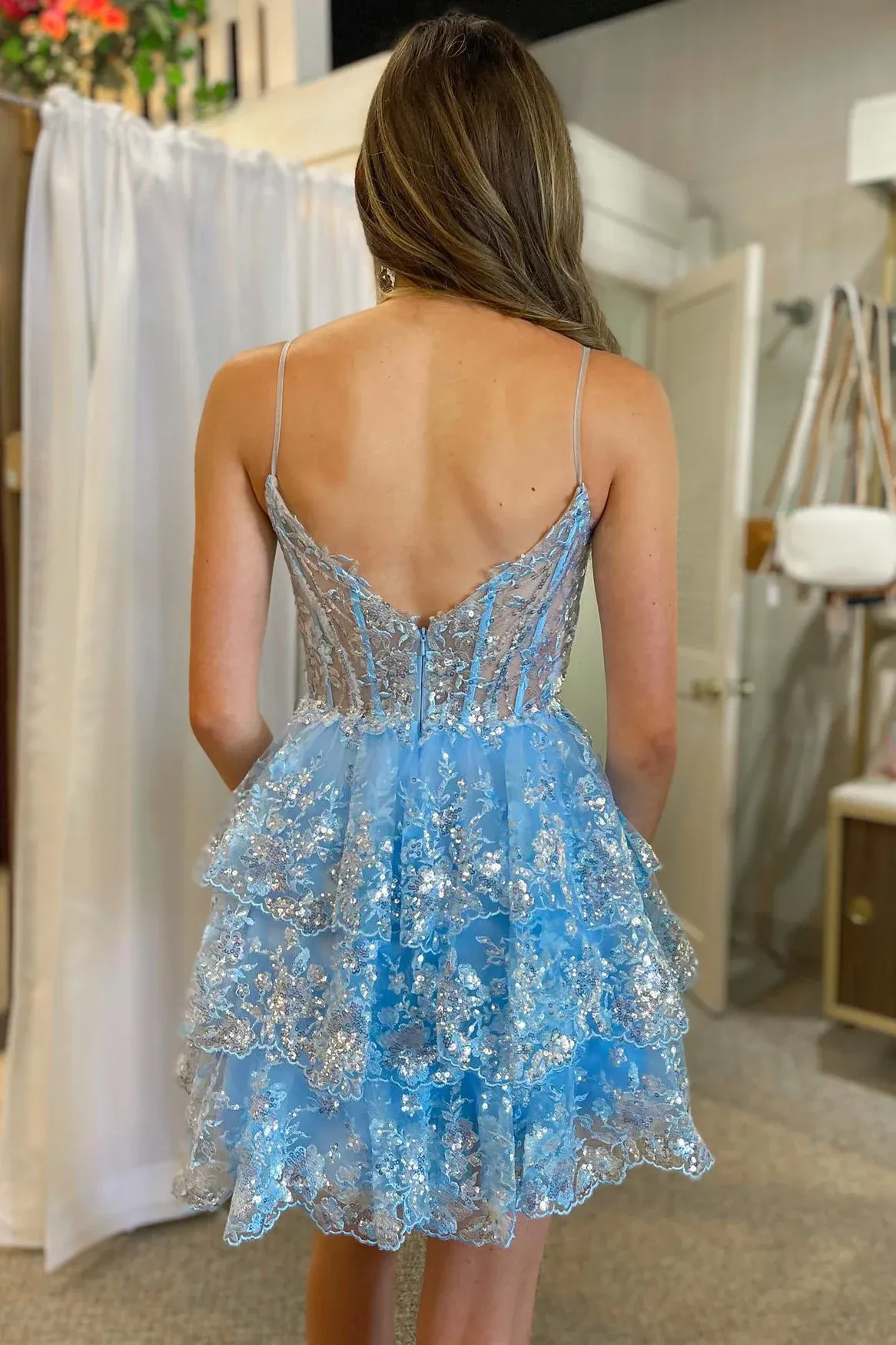 A-Line Light Blue Sequins Multi-Layers Short Homecoming Dress  Y2764