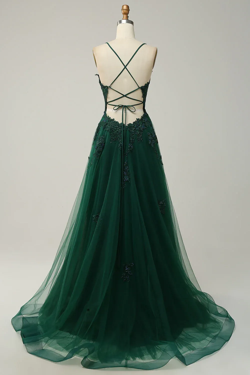 A Line Spaghetti Straps Dark Green Long Prom Dress with Criss Cross Back Y2003