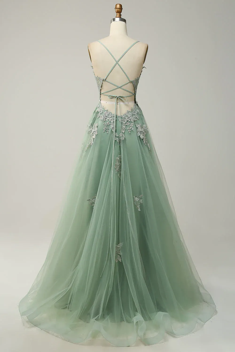 A Line Spaghetti Straps Dark Green Long Prom Dress with Criss Cross Back Y2003