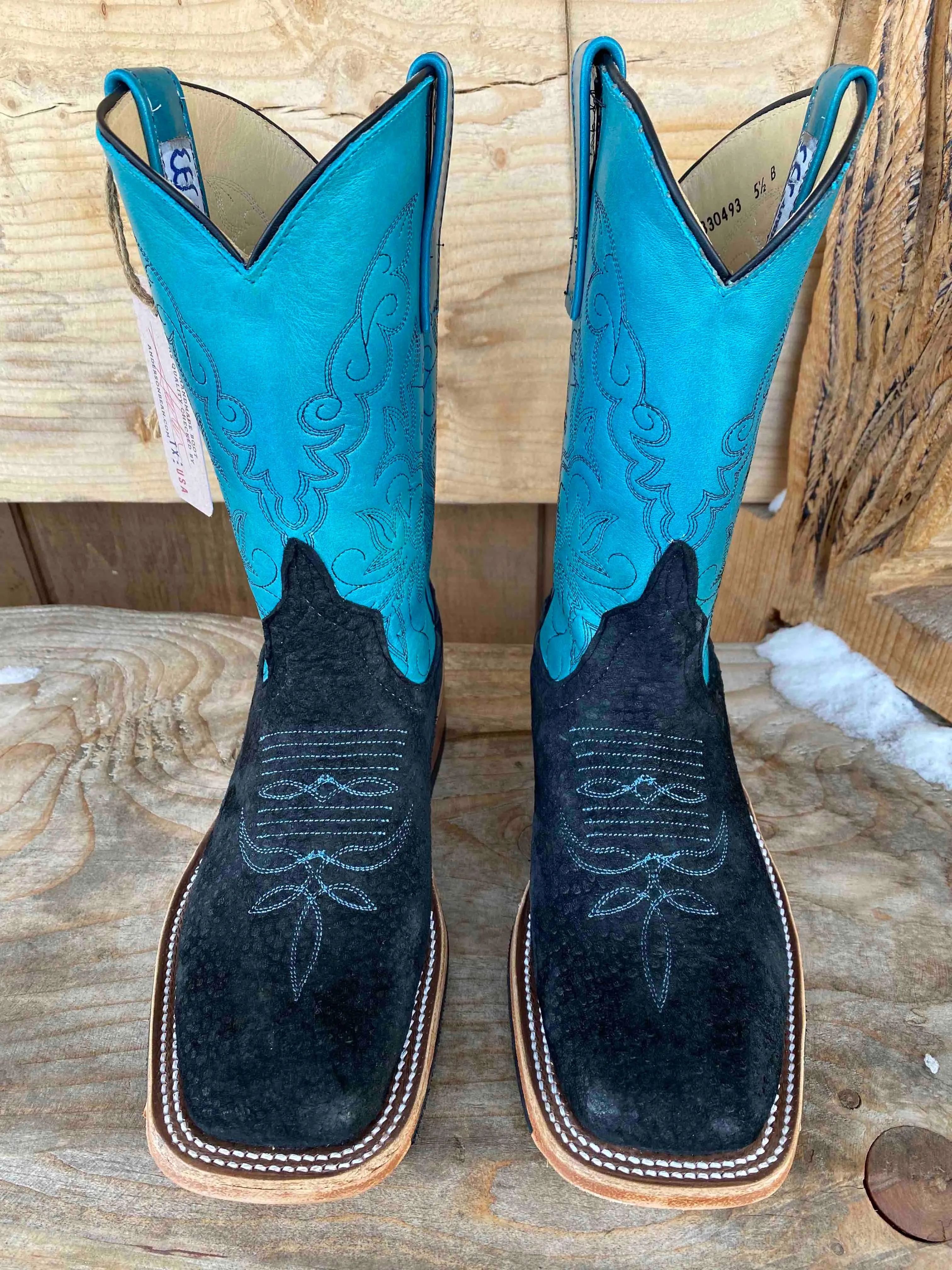 Anderson Bean Women's Black Carpincho & Dark Teal  Square Toe Cowgirl Boots 330493