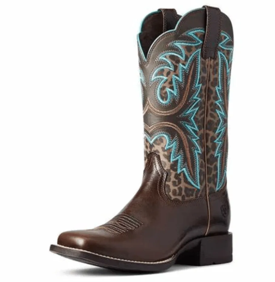 Ariat Women's Chocolate and Leopard Print Shock Shield Wide Square Toe Cowgirl Boots 10038276