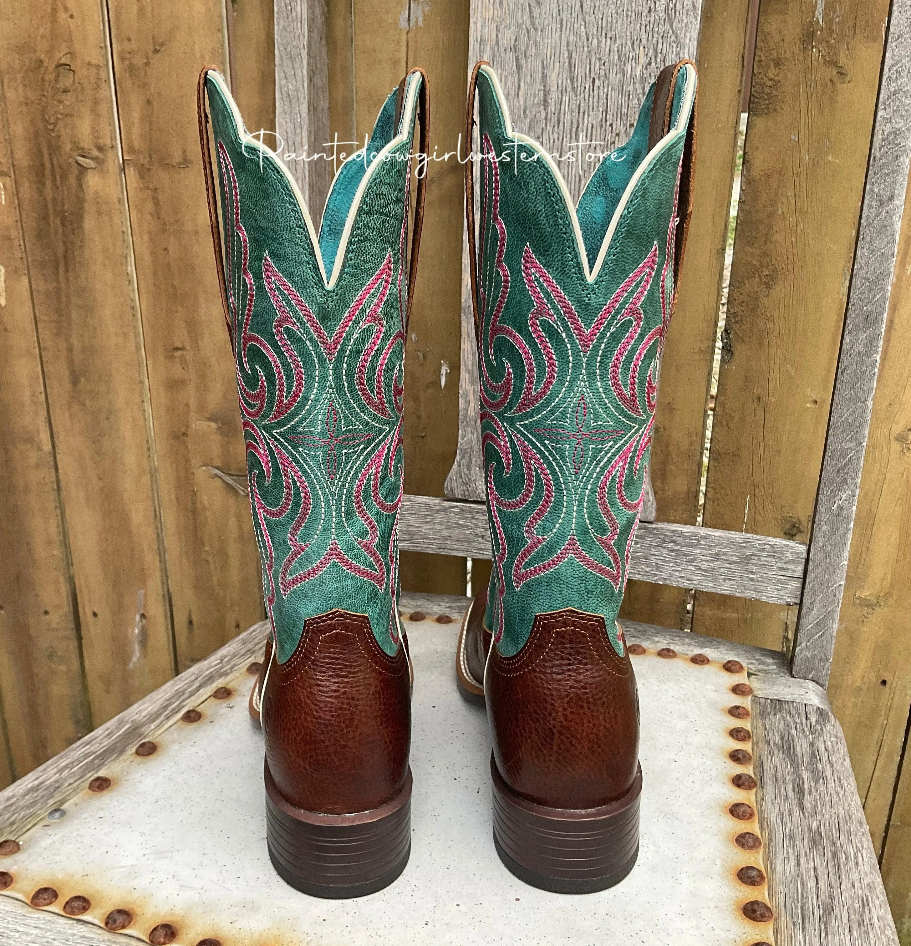 Ariat Women's Primera StretchFit Brown & Teal Square Toe Cowgirl Boots 10038303