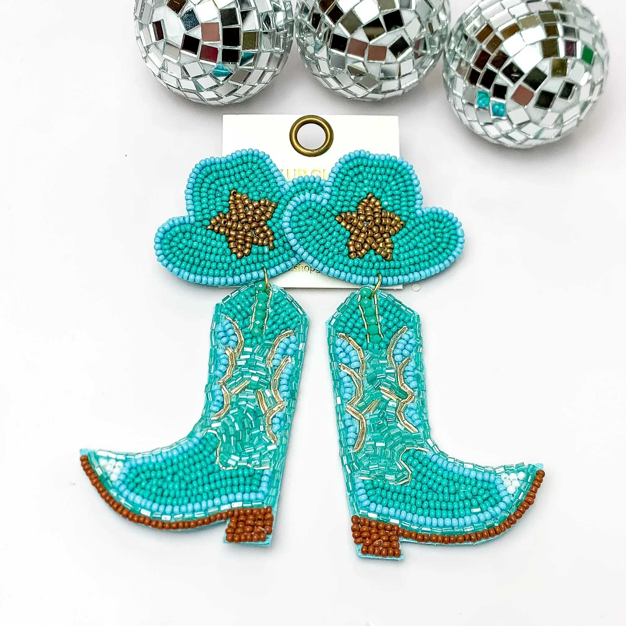 Beaded Cowboy Hat and Boot Earrings with Gold Star in Turquoise Blue