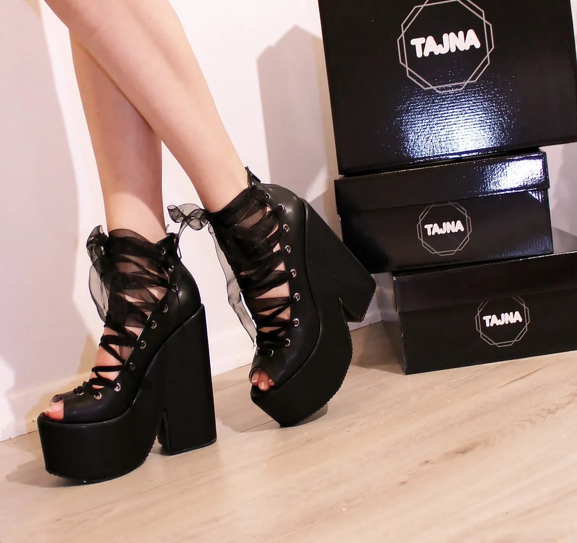 Black Lace up Ballerina Wedge Platform Shoes