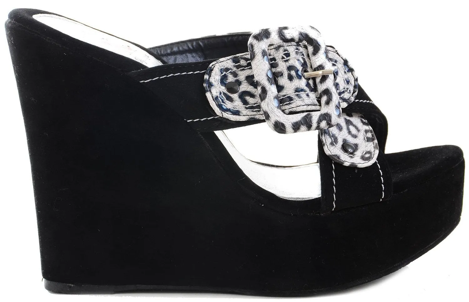 Black Shel-1 Leopard Criss Cross Open Toe Wedge