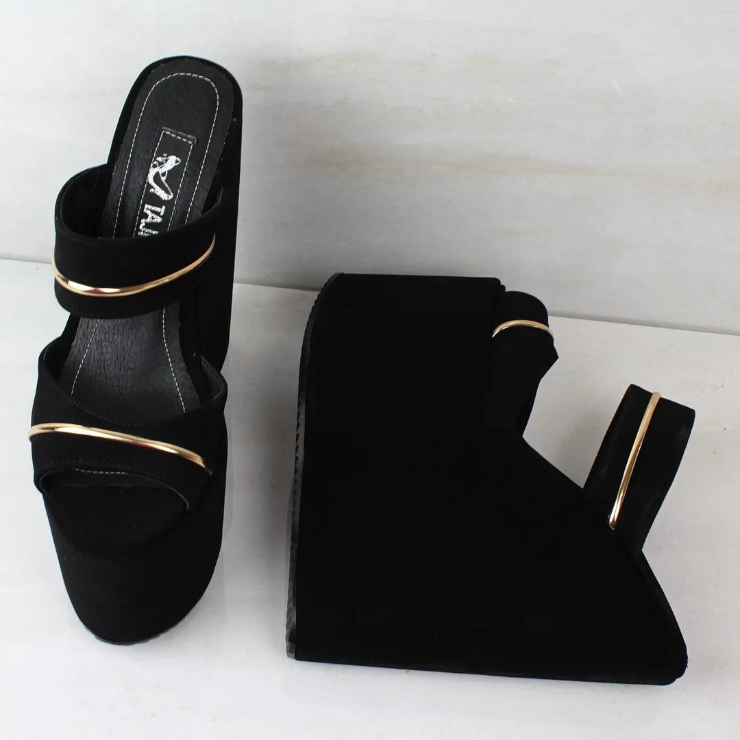 Black Suede Golden Ankle Wedge Mules