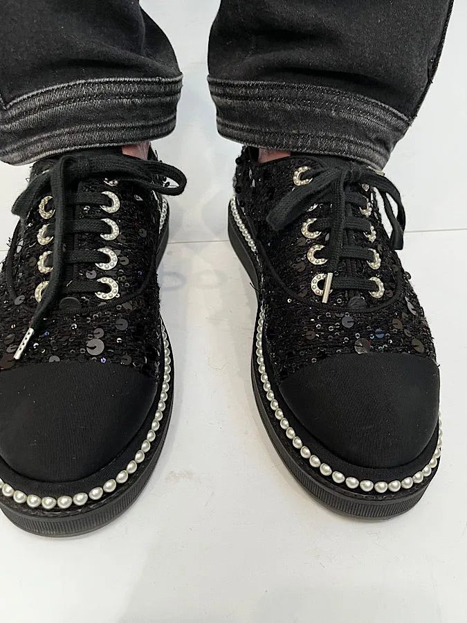 Chanel 17P 2017 Spring Black sequined Lace Up Tennis type  Shoes with contemporary thick soles and  pearl trim. EU 39.5 US 9/9.5