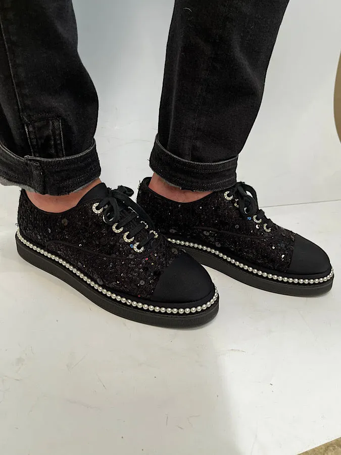 Chanel 17P 2017 Spring Black sequined Lace Up Tennis type  Shoes with contemporary thick soles and  pearl trim. EU 39.5 US 9/9.5