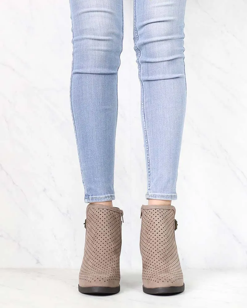 Diamond Perforated Back Buckle Faux Suede Ankle Bootie in Light Taupe