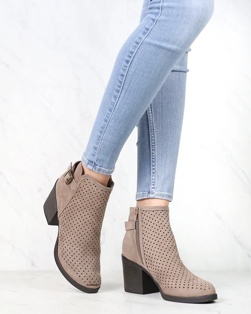 Diamond Perforated Back Buckle Faux Suede Ankle Bootie in Light Taupe