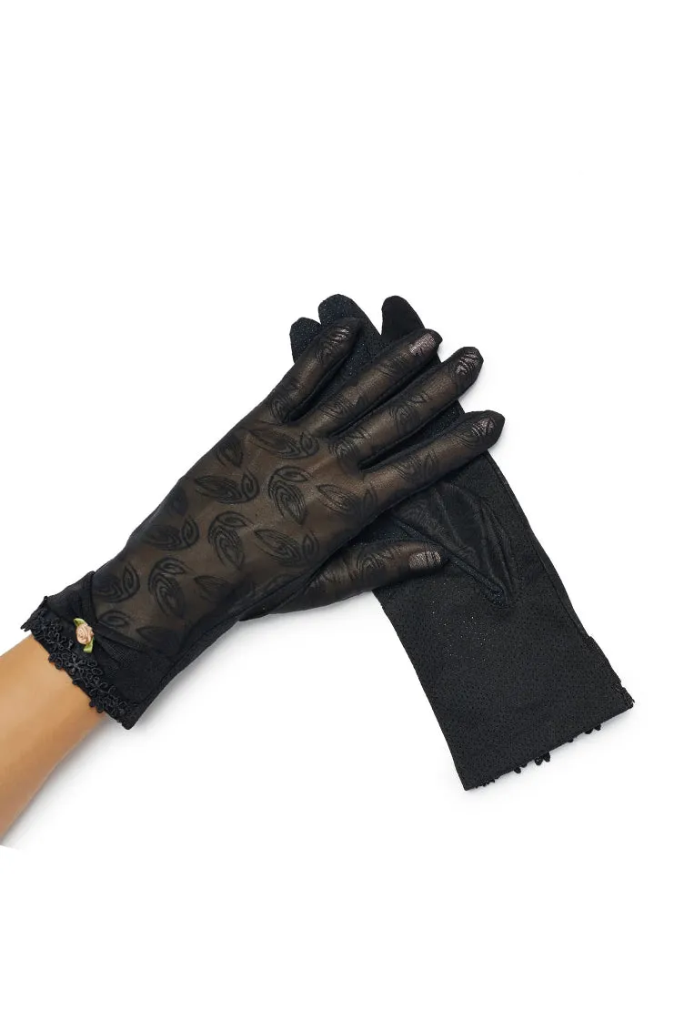 Emmie Rose Sheer Tea Time Gloves - Black Roses