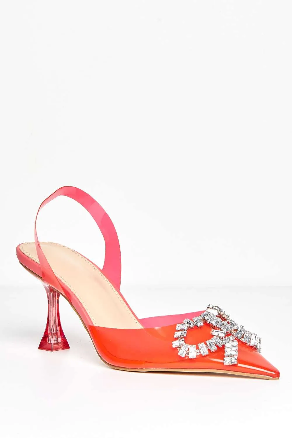 Florya Diamante Front Detail Sling Back Perspex Court Shoes in Red