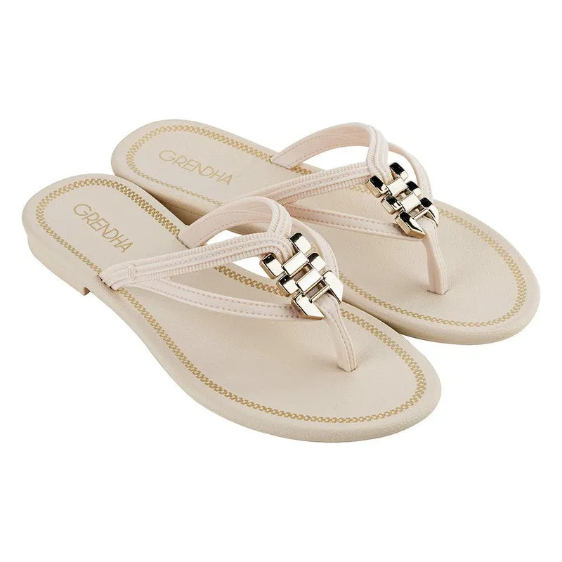 Grendha Thong Sandals with Gold Trim - White