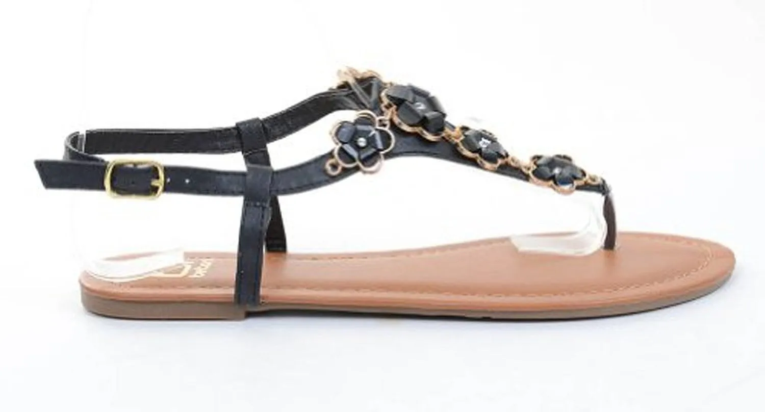 Victoria-3 Leatherette Flower Embellished Flip-flop Thong Flat Sandal Black