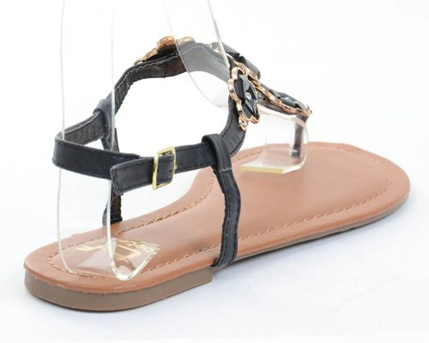 Victoria-3 Leatherette Flower Embellished Flip-flop Thong Flat Sandal Black